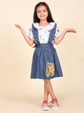 Funky Printed Top with Applique Denim Dungaree Skirt