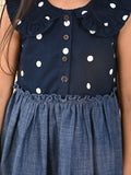 Polka Printed Sleeveless Fit n Flare Denim Dress