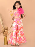Floral Printed Net Rose Decor One Shoulder Top Sharara Set