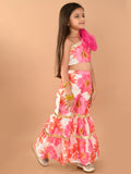 Floral Printed Net Rose Decor One Shoulder Top Sharara Set