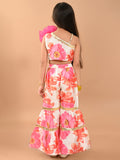 Floral Printed Net Rose Decor One Shoulder Top Sharara Set