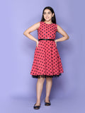Pink Polka Sleeveless Fit n Flared Dress
