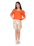 Solid Puff Sleeve Top with Printed Shorts Set