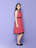 Pink Polka Sleeveless Fit n Flared Dress