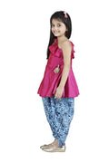 Lilpicks Dark Pink Peplum Suit with Blue tie n Dye Dhoti Set