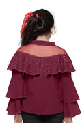 Wine crystal Work layered bell sleeves Top