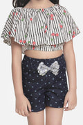 Lilipicks Cherry Cape Top with Sequin Bow Denim Shorts Set