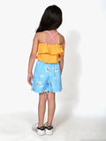 Yellow Crop Top with Sky Blue Shorts Set