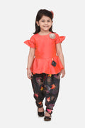 Lilpicks Orange Peplum Suit with Dark Grey Floral Dhoti Set
