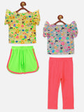 Floral two tops with Neon Green Shorts and Neon Pink Legging