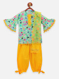 3 Green Floral Pom Pom Bell Sleeve Kurta with Salwar Set