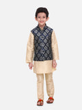 Beige Kurta Churidar with Blue Motif Digital Print Nehru Jacket