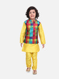 Bright Yellow Kurta Churidar with Colourful Digital Print Nehru Jacket