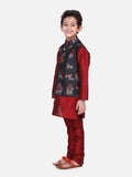 Maroon Kurta Churidar with Royal Motif Digital Print Nehru Jacket