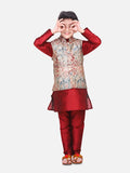 Maroon Kurta Churidar with Golden Designer Digital Print Nehru Jacket