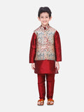 Maroon Kurta Churidar with Golden Designer Digital Print Nehru Jacket