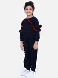 Navy French Terry Full Sleeve Ruffles SweatShirt With Jogger