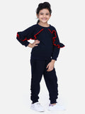 Navy French Terry Full Sleeve Ruffles SweatShirt With Jogger