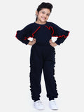 Navy French Terry Full Sleeve Ruffles SweatShirt With Jogger