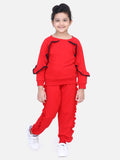 Red French Terry Full Sleeve Ruffles SweatShirt With Jogger