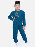 Teal French Terry Full Sleeve Unicorn SweatShirt With Jogger