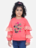 Coral French Terry Floral Embroidered Full Sleeve SweatShirt