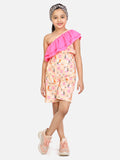 lilpicks Fish Print Peach One Side Shoulder Short Jumpsuit
