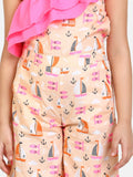 lilpicks Fish Print Peach One Side Shoulder Short Jumpsuit