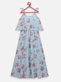 Lilpicks Blue Flower Print Cape Strappy Flared Long Dress