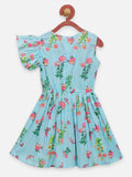 Lilpicks Sky Blue Flower Printed One Side Ruffle Sleeve Dress