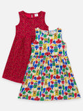 Lilpicks Maroon and Multi All Over Printed Pack of 2 Bow Flared Dress