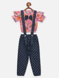 Lilpicks Floral Short Sleeve Top And Polka Denim Dungaree Set