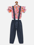 Lilpicks Floral Short Sleeve Top And Polka Denim Dungaree Set