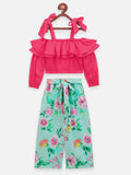 Lilpicks Pink Strappy Top and floral Green Palazzo set