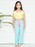 Yellow Light Blue Ruffled Top with Polka Palazzo Set