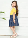 Yellow Blue Polka Puff Sleeves Top with Denim Skirt Set