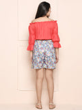 Red Grey High Fashion Top with Floral Shorts Set
