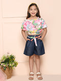 Multi Blue Off-Shoulder Floral Crop Top with Denim Belted Shorts Set