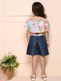 Multi Blue Off-Shoulder Floral Crop Top with Denim Belted Shorts Set