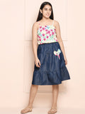 Multi Denim Blue Strappy Floral Top with Tiered Denim Skirt Set
