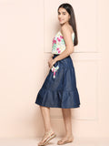 Multi Denim Blue Strappy Floral Top with Tiered Denim Skirt Set
