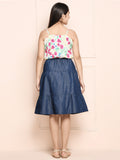 Multi Denim Blue Strappy Floral Top with Tiered Denim Skirt Set
