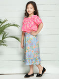 Pink Blue Pineapple Print Bardot Top with Floral Skirt Set