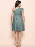 Teal Green One Side Shoulder Small Polka Fit n Flare Dress
