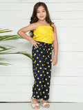 Yellow Black Bow Crop Top with Polka Palazzo Pant Set