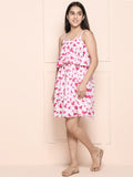 Peach White Pinafore Attached Dress White Pink Butter Fly Print Flared Dress