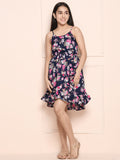 Navy Blue Pink Floral Wrap Dress