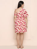 Beige Red One Side Shoulder Floral Fit N Flare Dress