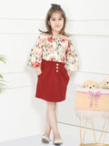 Multi Maroon Floral Smocking Top with Pencil Skirt Set