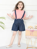 Peach Navy Blue Crop Knot Top with Dungaree Skirt Set